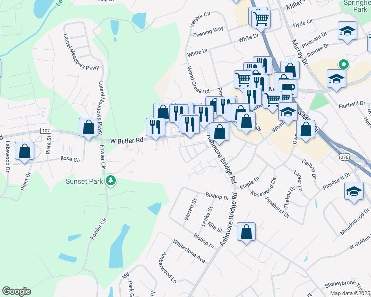 map of restaurants, bars, coffee shops, grocery stores, and more near 19 Farm Ridge in Mauldin