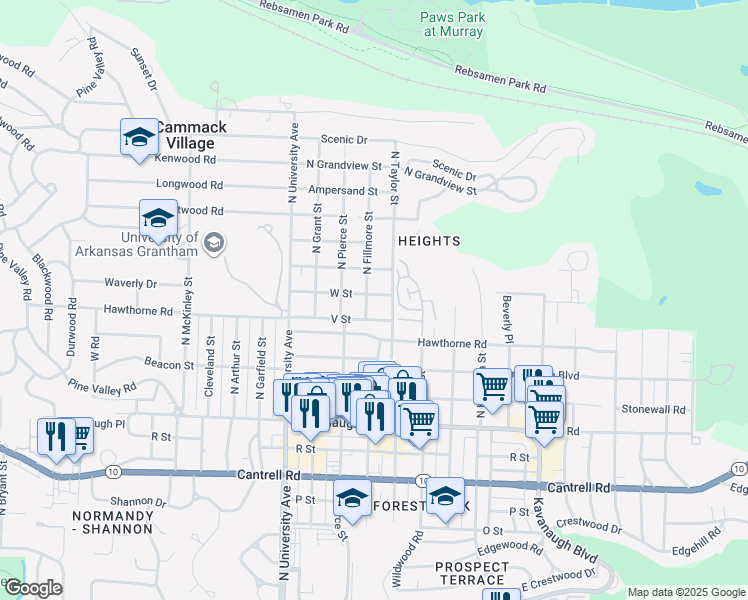map of restaurants, bars, coffee shops, grocery stores, and more near 2423 North Fillmore Street in Little Rock