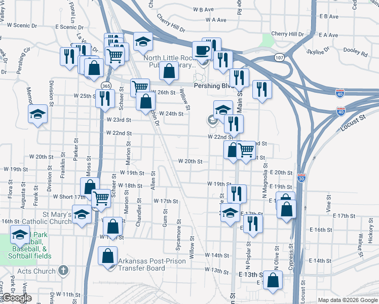 map of restaurants, bars, coffee shops, grocery stores, and more near 330 West 21st Street in North Little Rock