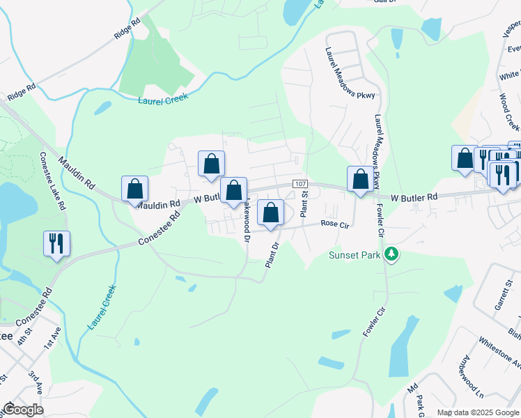 map of restaurants, bars, coffee shops, grocery stores, and more near 290 Lakewood Drive in Greenville