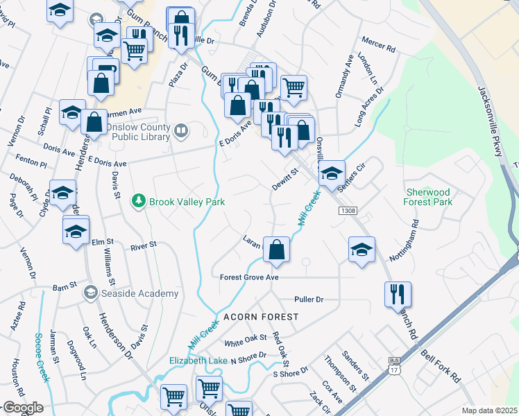 map of restaurants, bars, coffee shops, grocery stores, and more near 105 Brenton Place in Jacksonville