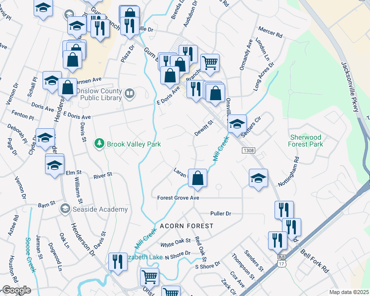 map of restaurants, bars, coffee shops, grocery stores, and more near 105 Brenton Place in Jacksonville