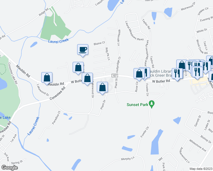 map of restaurants, bars, coffee shops, grocery stores, and more near 290 Lakewood Drive in Greenville