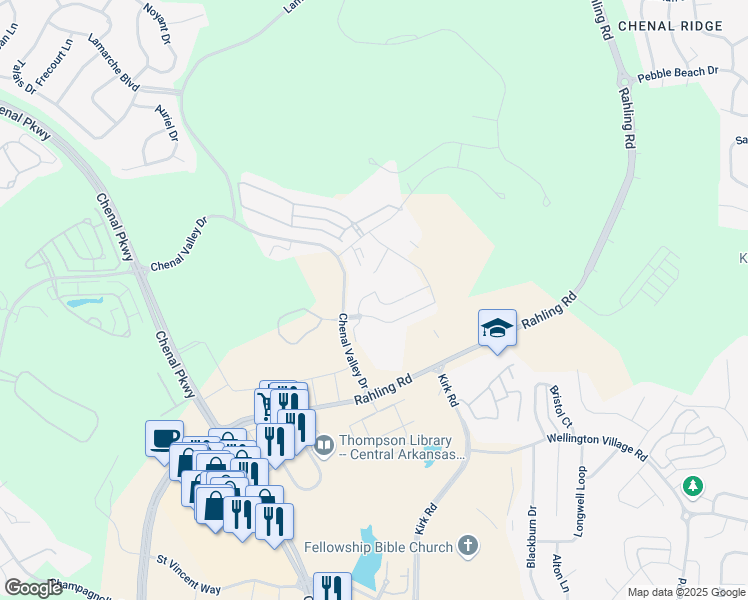 map of restaurants, bars, coffee shops, grocery stores, and more near 1 Chenal Village Circle in Little Rock