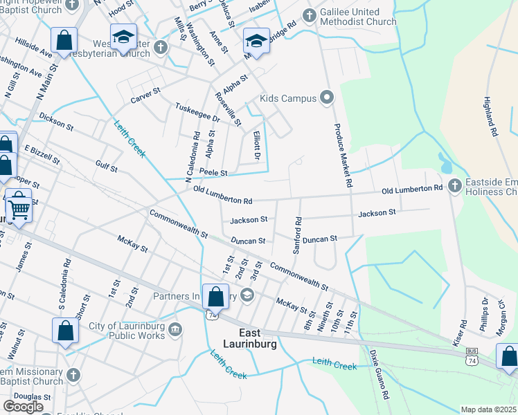 map of restaurants, bars, coffee shops, grocery stores, and more near 619 Old Lumberton Road in Laurinburg