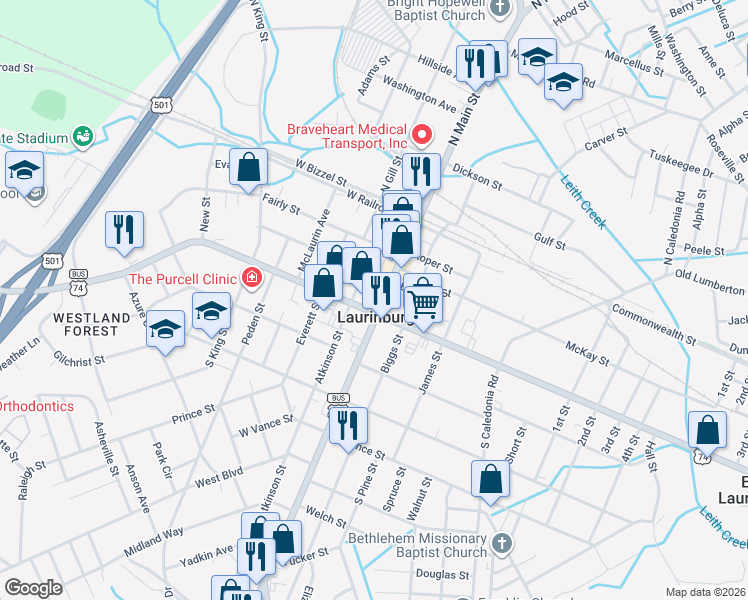 map of restaurants, bars, coffee shops, grocery stores, and more near in Laurinburg