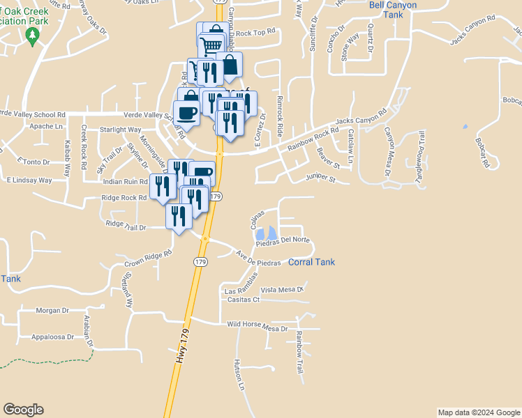 map of restaurants, bars, coffee shops, grocery stores, and more near 190 Colinas in Sedona