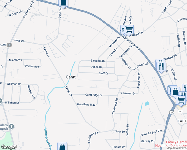 map of restaurants, bars, coffee shops, grocery stores, and more near 209 Bluff Drive in Greenville