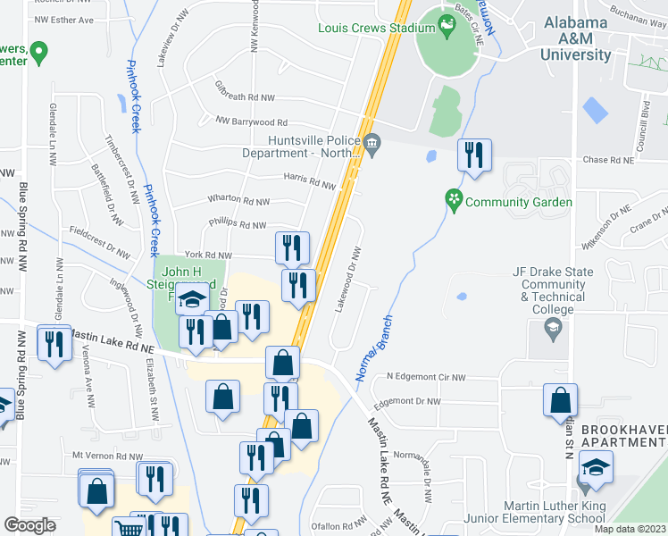 map of restaurants, bars, coffee shops, grocery stores, and more near 3802 Memorial Parkway Northwest in Huntsville