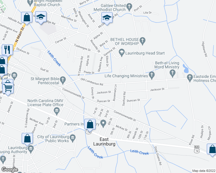 map of restaurants, bars, coffee shops, grocery stores, and more near 619 Old Lumberton Road in Laurinburg