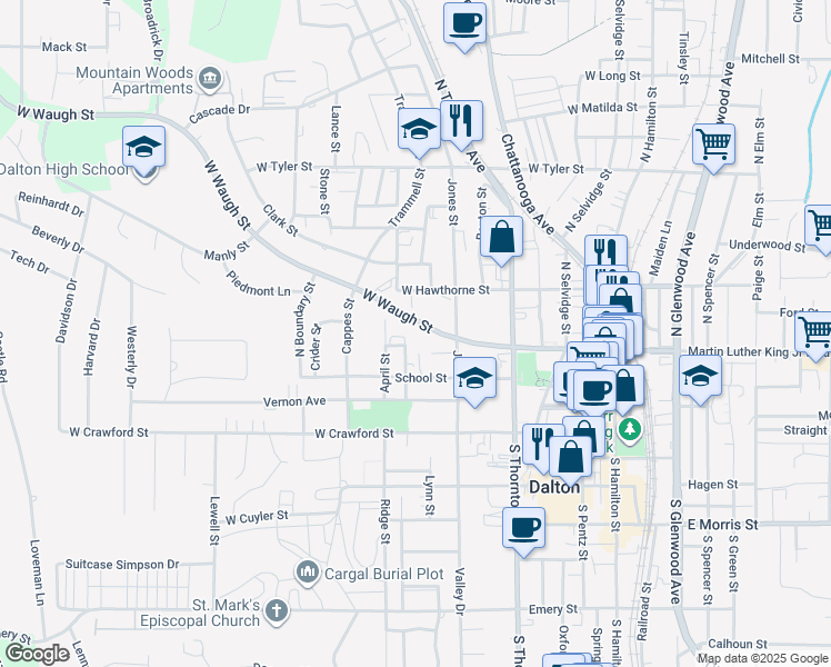 map of restaurants, bars, coffee shops, grocery stores, and more near 503 West Waugh Street in Dalton