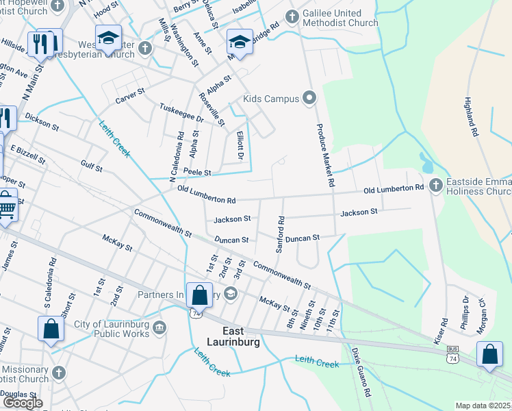 map of restaurants, bars, coffee shops, grocery stores, and more near 625 Old Lumberton Road in Laurinburg