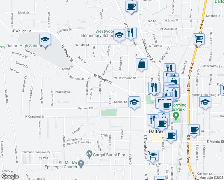 map of restaurants, bars, coffee shops, grocery stores, and more near 315 April Street in Dalton