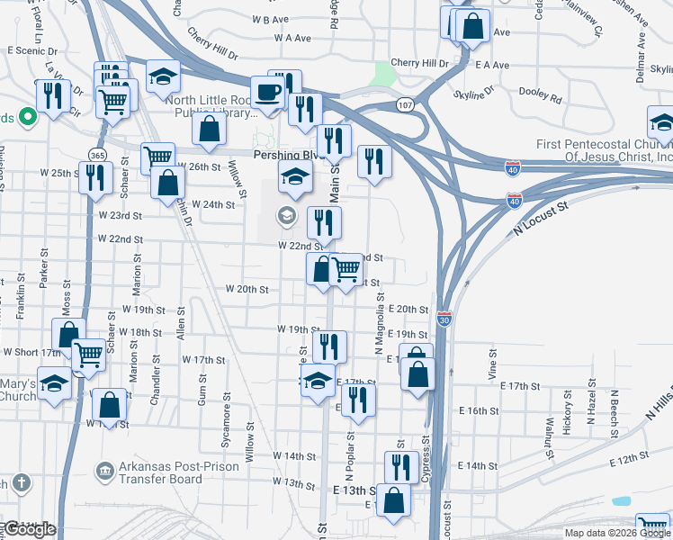 map of restaurants, bars, coffee shops, grocery stores, and more near 2104 North Main Street in North Little Rock
