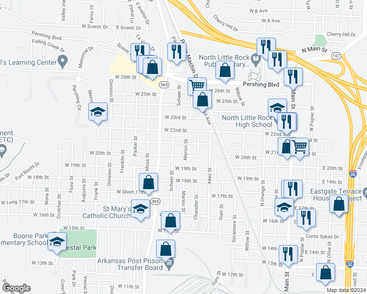 map of restaurants, bars, coffee shops, grocery stores, and more near 813 West 20th Street in North Little Rock