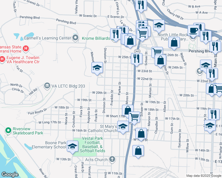 map of restaurants, bars, coffee shops, grocery stores, and more near 2008 Franklin Street in North Little Rock