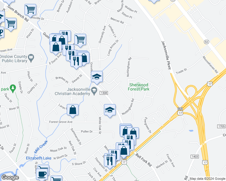 map of restaurants, bars, coffee shops, grocery stores, and more near 63 Azalea Gardens Apartments in Jacksonville