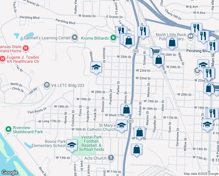map of restaurants, bars, coffee shops, grocery stores, and more near 2008 Franklin Street in North Little Rock