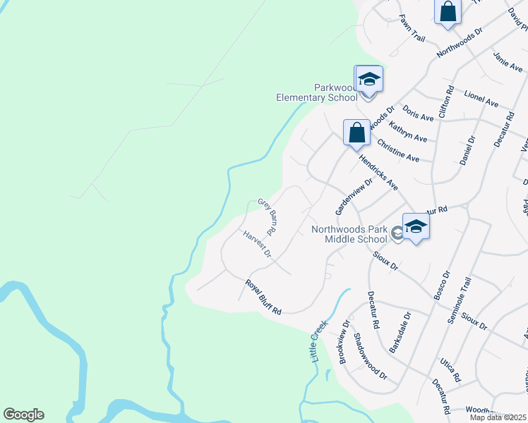 map of restaurants, bars, coffee shops, grocery stores, and more near 107 Grey Barn Road in Jacksonville