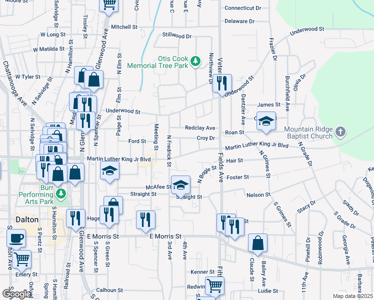 map of restaurants, bars, coffee shops, grocery stores, and more near 813 Martin Luther King Junior Boulevard in Dalton