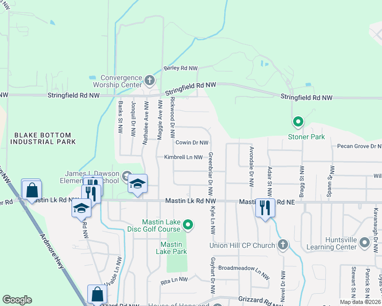 map of restaurants, bars, coffee shops, grocery stores, and more near 6012 Kimbrell Lane Northwest in Huntsville