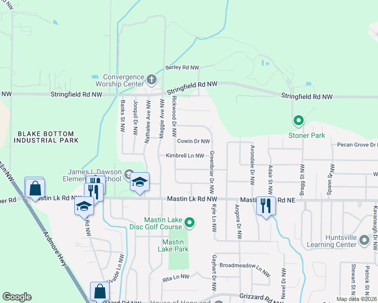 map of restaurants, bars, coffee shops, grocery stores, and more near 6012 Kimbrell Lane Northwest in Huntsville