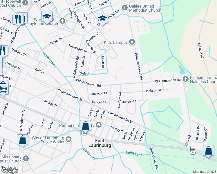 map of restaurants, bars, coffee shops, grocery stores, and more near 625 Old Lumberton Road in Laurinburg