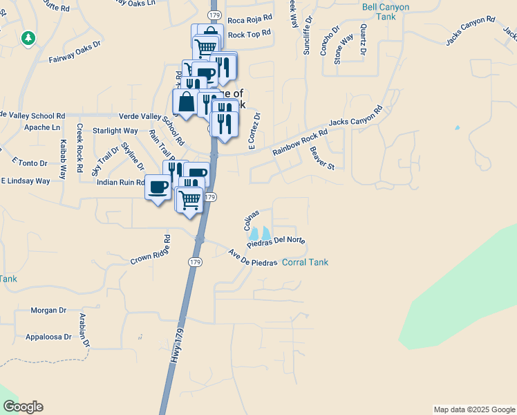 map of restaurants, bars, coffee shops, grocery stores, and more near 190 Colinas in Sedona