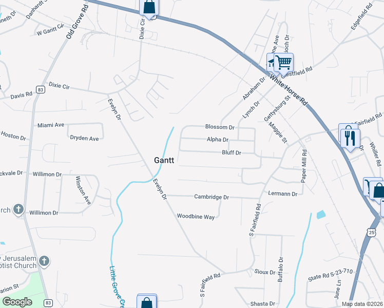map of restaurants, bars, coffee shops, grocery stores, and more near 221 Bluff Drive in Greenville