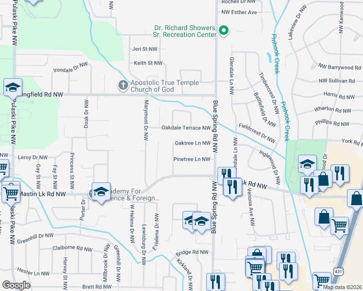 map of restaurants, bars, coffee shops, grocery stores, and more near 2723 Oaktree Lane Northwest in Huntsville