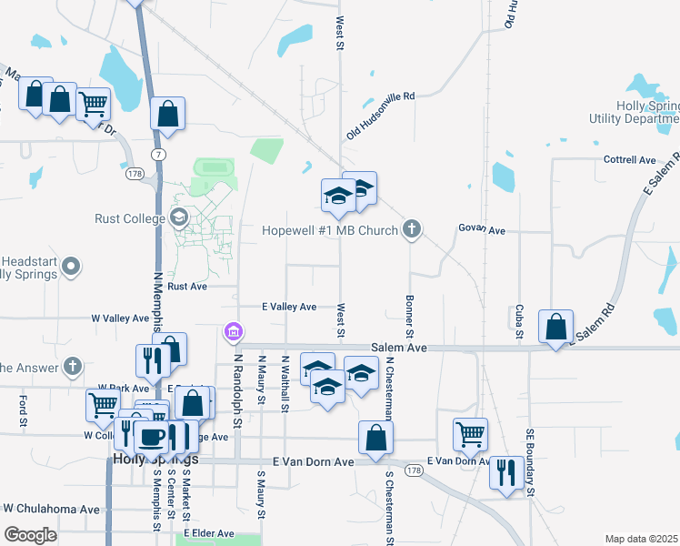 map of restaurants, bars, coffee shops, grocery stores, and more near 282-330 West St in Holly Springs