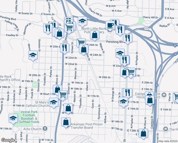 map of restaurants, bars, coffee shops, grocery stores, and more near 2020 Allen Street in North Little Rock