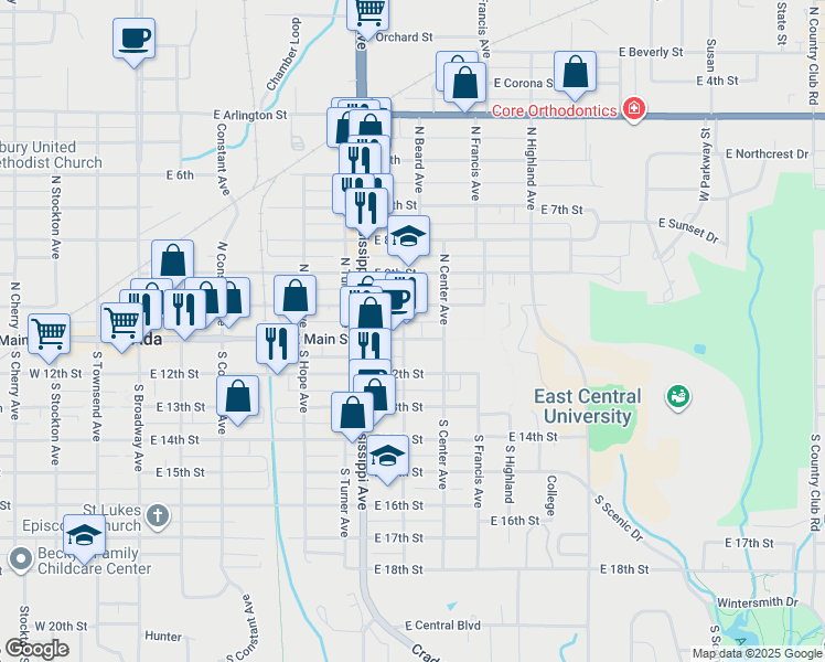 map of restaurants, bars, coffee shops, grocery stores, and more near 815 East Main in Ada