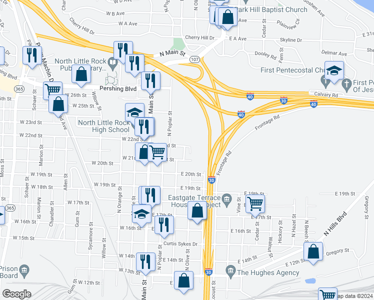 map of restaurants, bars, coffee shops, grocery stores, and more near 2116 North Magnolia Street in North Little Rock