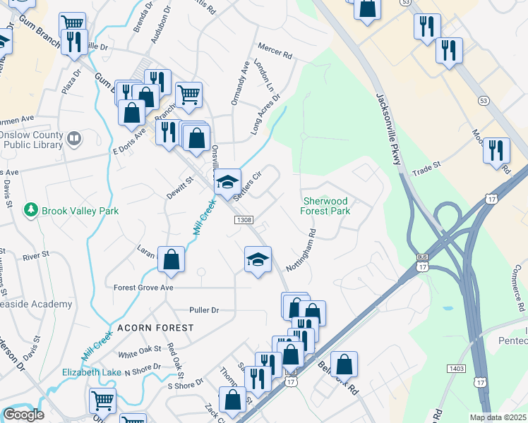 map of restaurants, bars, coffee shops, grocery stores, and more near 63 Azalea Gardens Apartments in Jacksonville