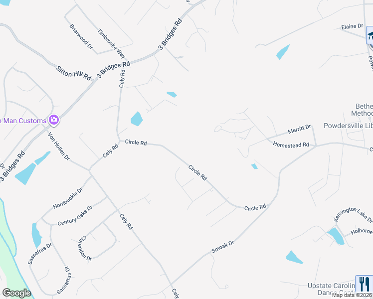 map of restaurants, bars, coffee shops, grocery stores, and more near 1209 Circle Road in Easley