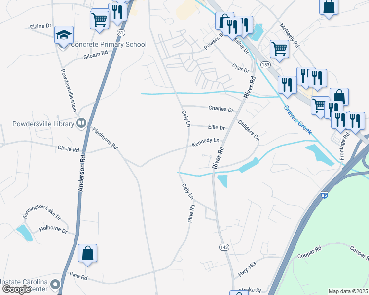 map of restaurants, bars, coffee shops, grocery stores, and more near 207 Kennedy Lane in Piedmont