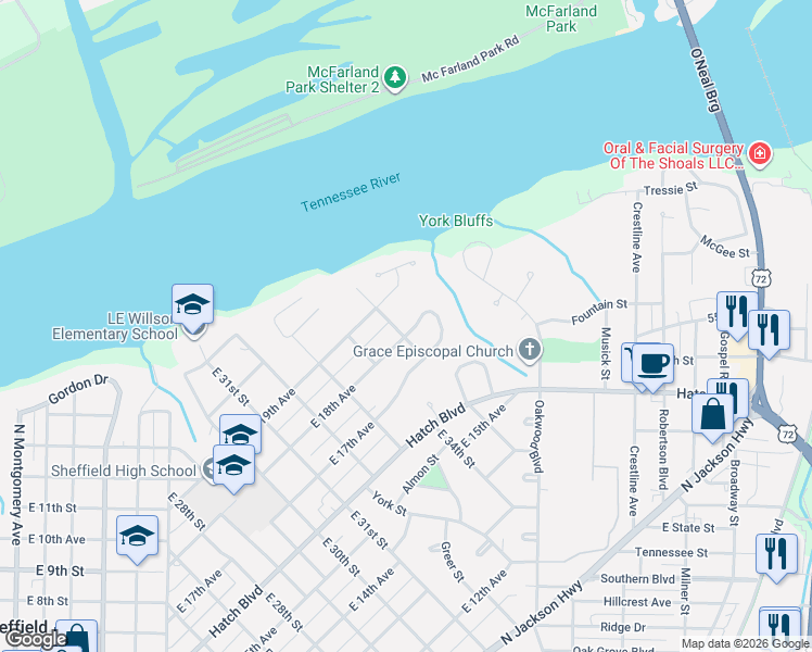 map of restaurants, bars, coffee shops, grocery stores, and more near 3501 East 18th Court in Sheffield