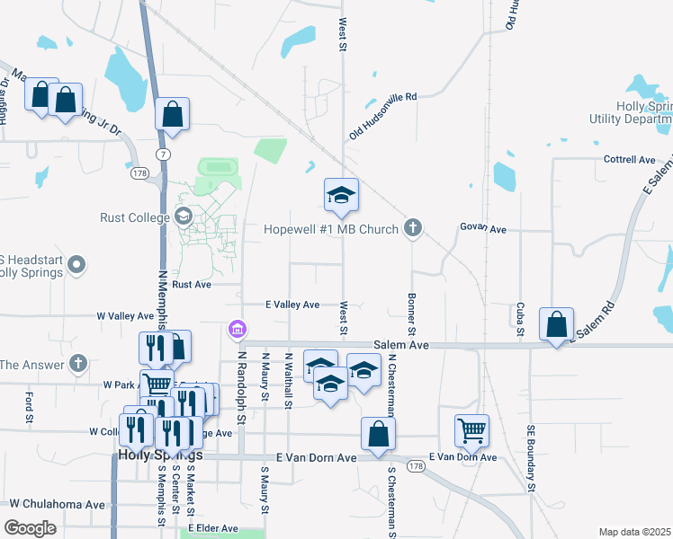map of restaurants, bars, coffee shops, grocery stores, and more near 282-330 West St in Holly Springs