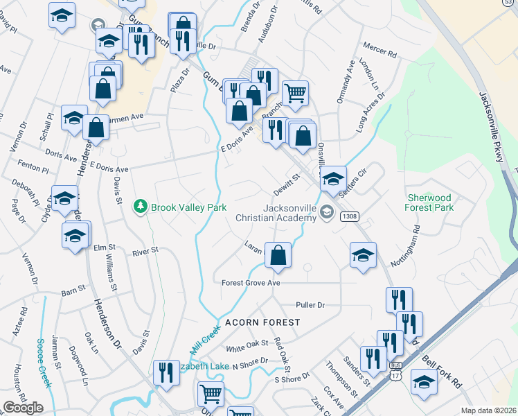 map of restaurants, bars, coffee shops, grocery stores, and more near 289 Forestgrove Avenue in Jacksonville