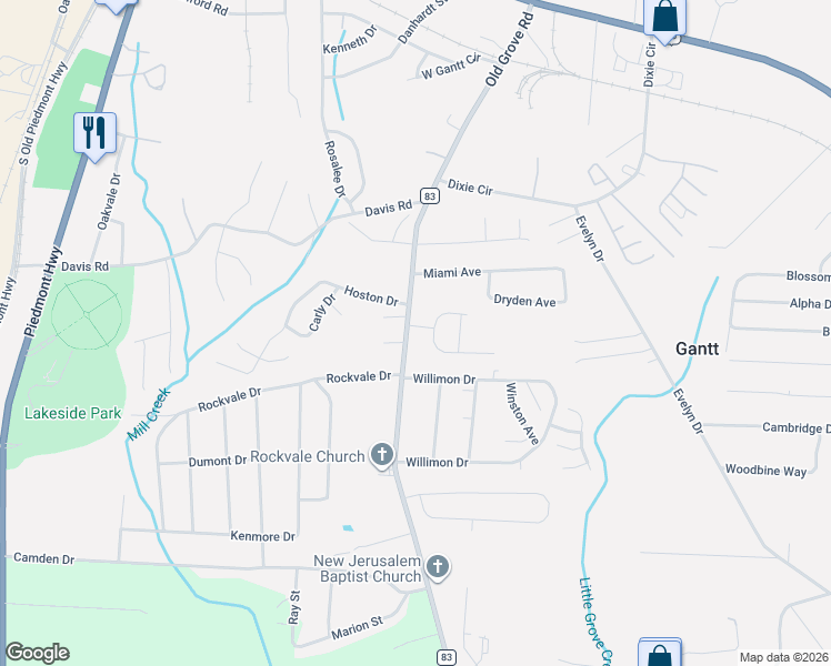 map of restaurants, bars, coffee shops, grocery stores, and more near 517 Old Grove Road in Piedmont