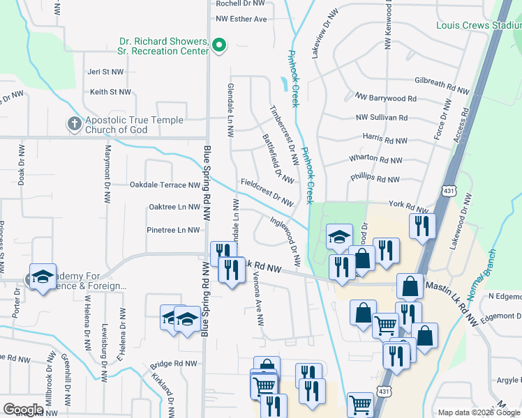 map of restaurants, bars, coffee shops, grocery stores, and more near 3612 Inglewood Drive Northwest in Huntsville