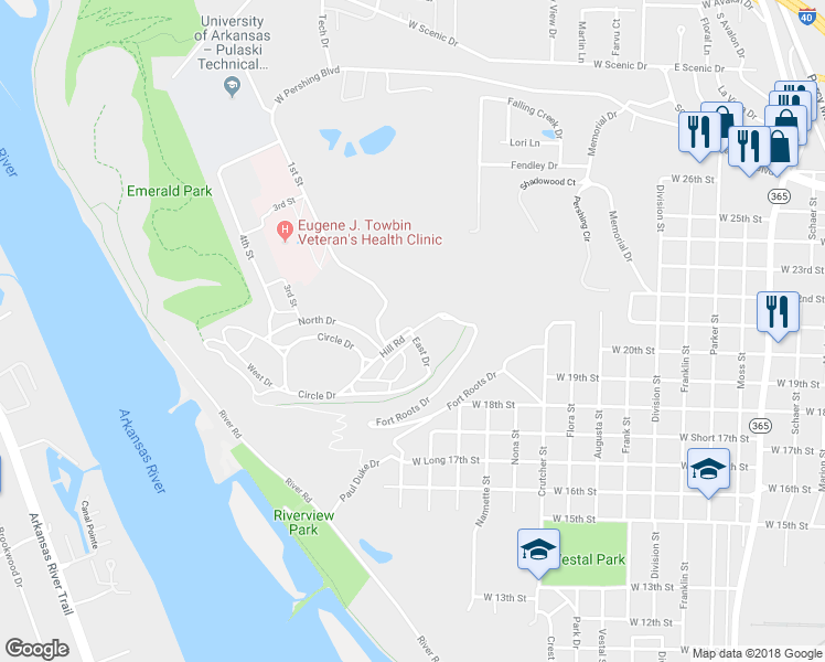 map of restaurants, bars, coffee shops, grocery stores, and more near Fort Roots Dr in North Little Rock
