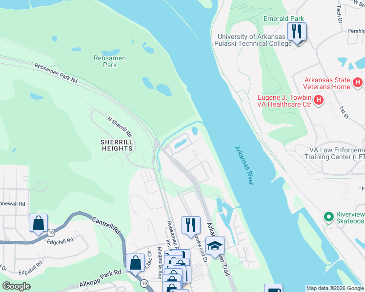 map of restaurants, bars, coffee shops, grocery stores, and more near 2501 Riverfront Drive in Little Rock