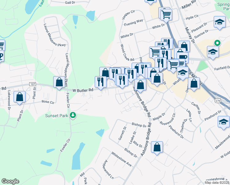 map of restaurants, bars, coffee shops, grocery stores, and more near 19 Farm Ridge in Mauldin