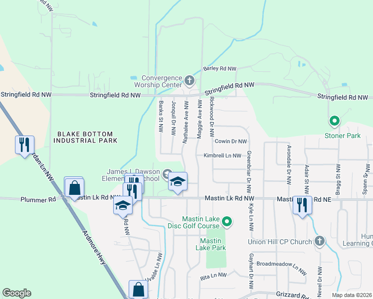 map of restaurants, bars, coffee shops, grocery stores, and more near 3521 Maggie Avenue Northwest in Huntsville