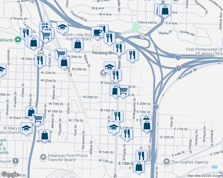 map of restaurants, bars, coffee shops, grocery stores, and more near 2102 Maple Street in North Little Rock