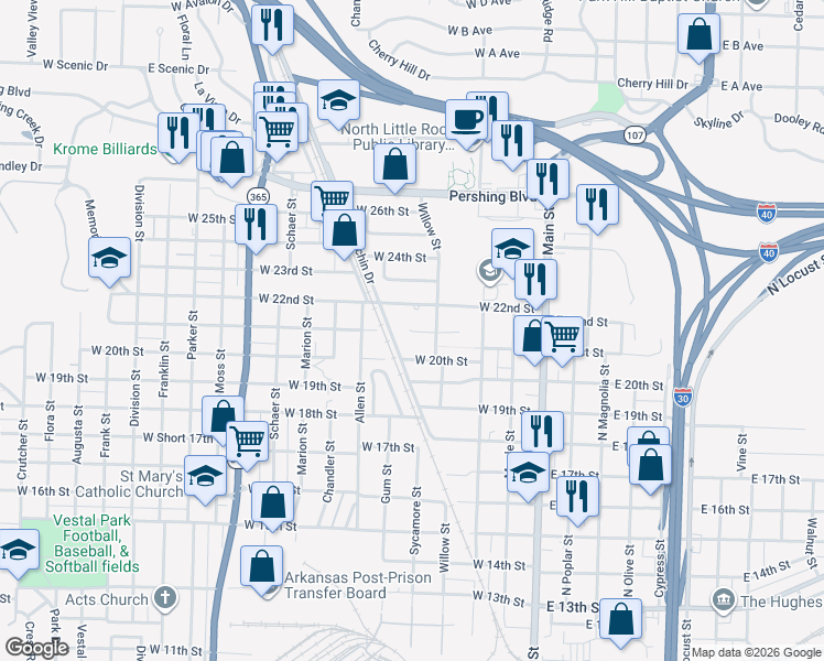map of restaurants, bars, coffee shops, grocery stores, and more near 2008 Percy Machin Drive in North Little Rock