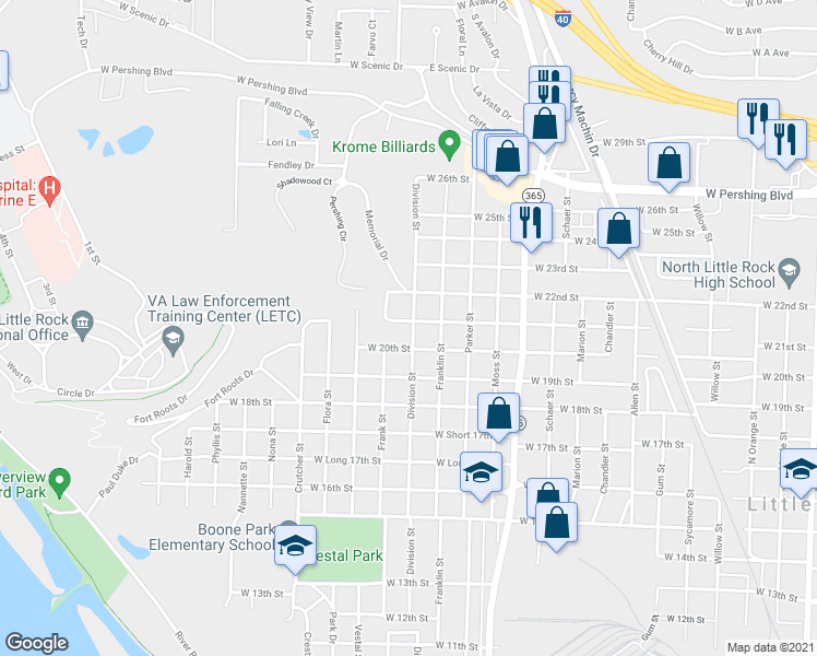 map of restaurants, bars, coffee shops, grocery stores, and more near 1501 West 20th Street in North Little Rock