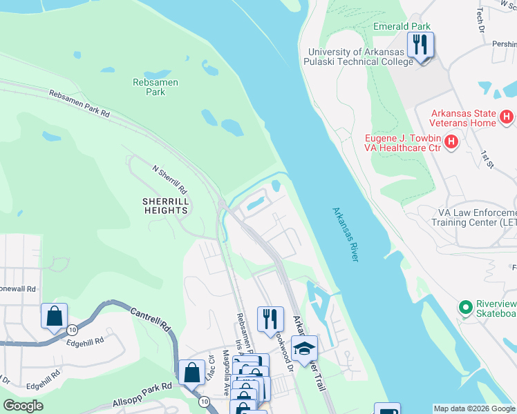 map of restaurants, bars, coffee shops, grocery stores, and more near 2501 Riverfront Drive in Little Rock